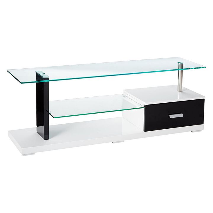 55 Inch TV Entertainment Console, Glass Top, Chrome Posts, Black, White - Benzara