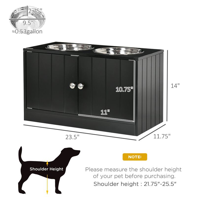 Black Dog Feeder: 23.5" x 12" x 14" Elevated Bowls with Stand, Storage for Large Dogs
