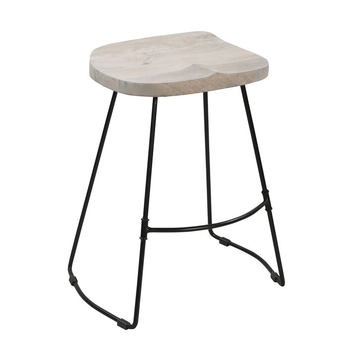 Tiva 24 Inch Handcrafted Backless Counter Height Stool, Whitewashed Mango Wood Saddle Seat, Black Metal Base-Benzara