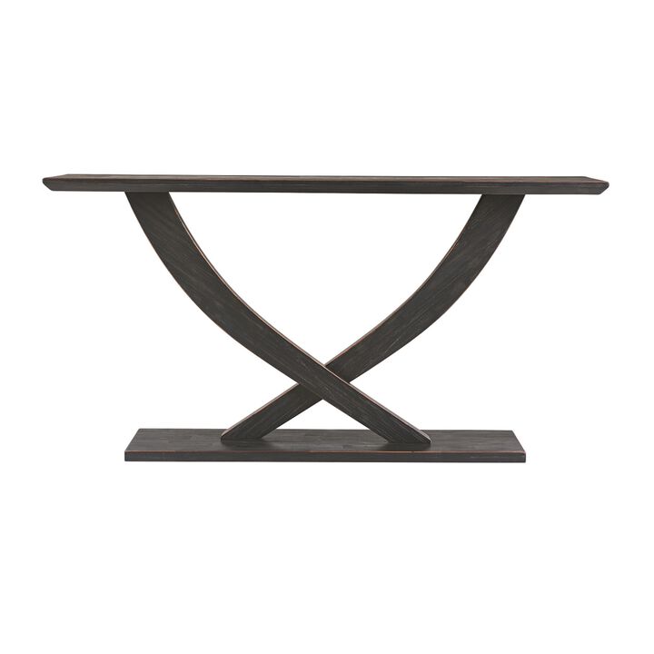 Rase 57 Inch Console Table, Cross Leg Design, Pedestal Base, Black Wood - Benzara