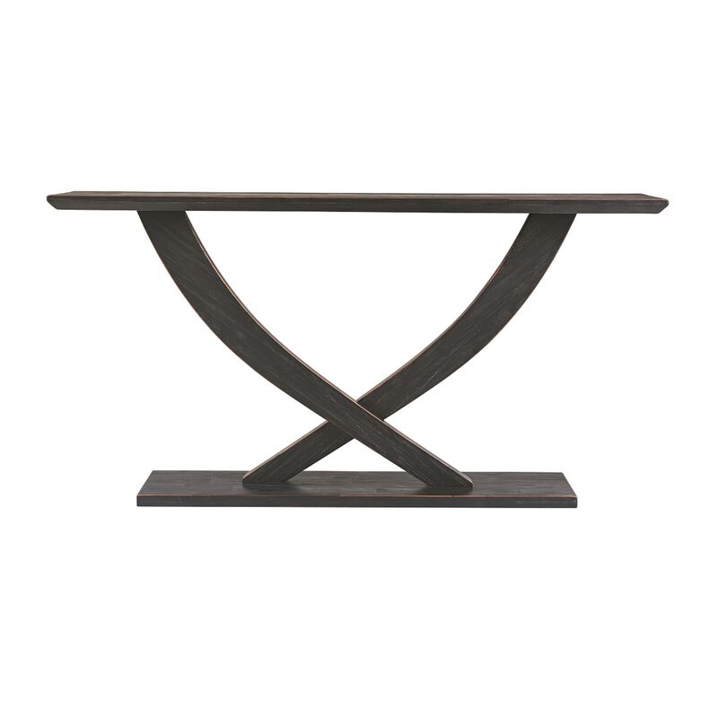 Rase 57 Inch Console Table, Cross Leg Design, Pedestal Base, Black Wood - Benzara