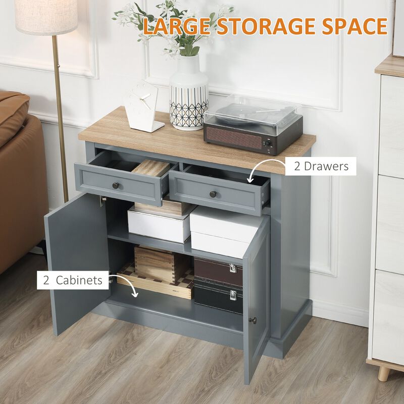 Dark Grey Buffet Cabinet: 2-Drawer Sideboard with Adjustable Shelves, Coffee Bar