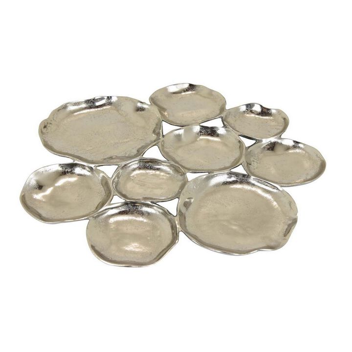 Jiva 9 Piece Decorative Bowl Set, Irregular Shaped Design, Silver Metal - Benzara