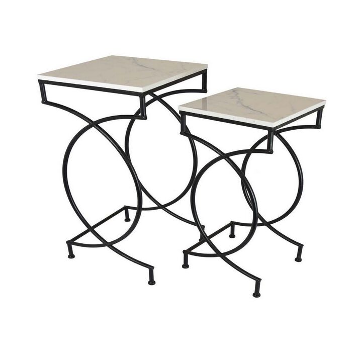 Set of 2 Plant Stand Tables, Square Marble Top, Geometric, Black Metal - Benzara