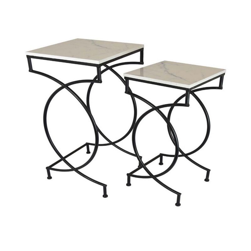 Set of 2 Plant Stand Tables, Square Marble Top, Geometric, Black Metal - Benzara