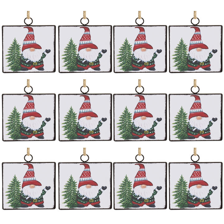 Gnome with Tree Ornament (Set of 12) – Metal Christmas Tree Ornaments with Gnome and Tree Theme