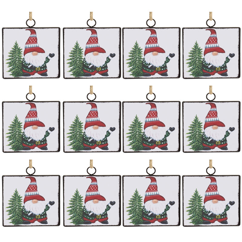 Gnome with Tree Ornament (Set of 12) – Metal Christmas Tree Ornaments with Gnome and Tree Theme
