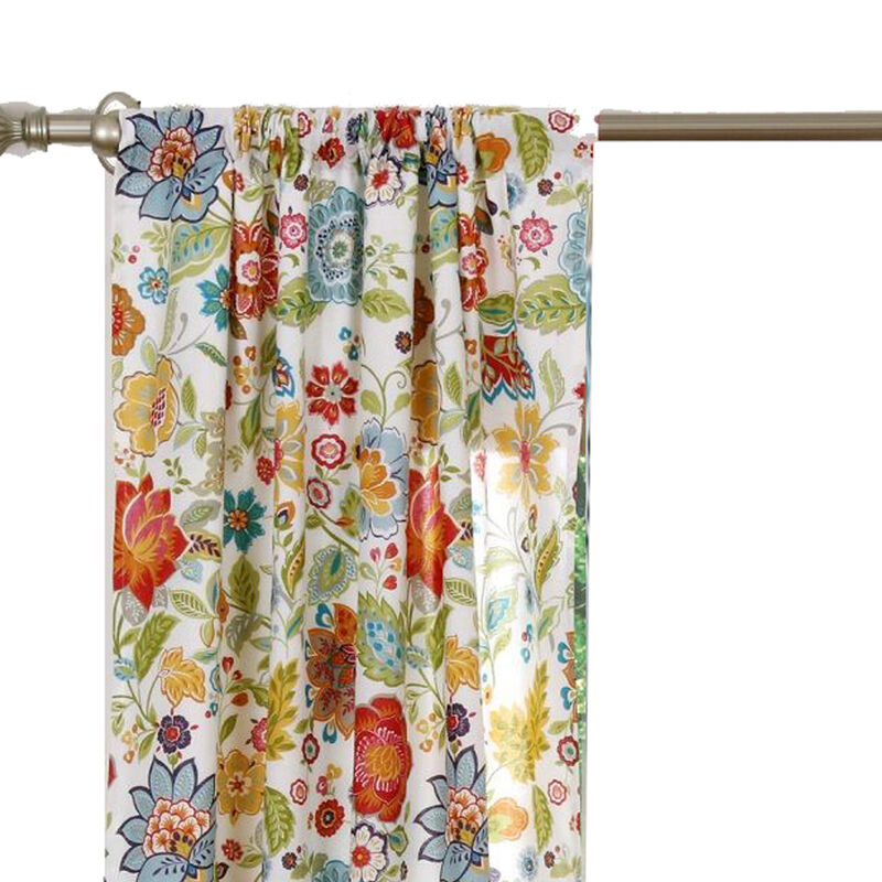 84 Inch Window Panel Curtain, Red and Blue Flowers, Polyester, Back Ties - Benzara