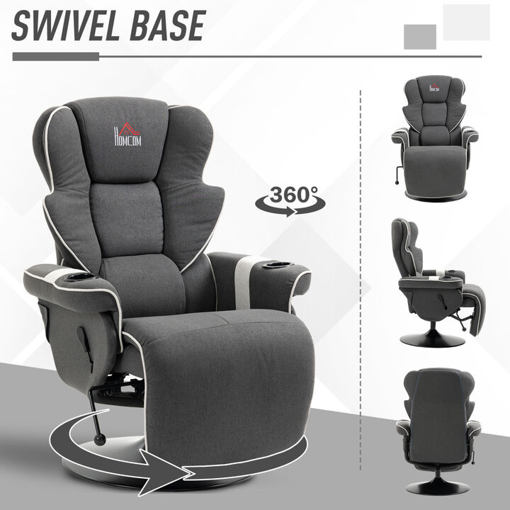 Manual Recliner, Swivel Lounge Armchair With Footrest And Two Cup Holders For Living Room, Black