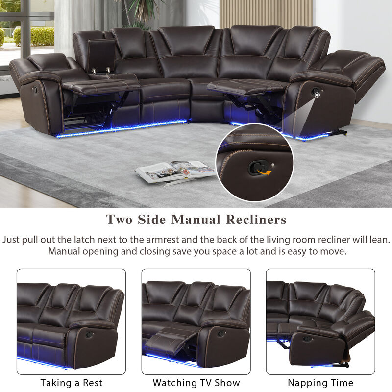 Modern Faux Leather Manual Reclining with Center Console and LED Light Strip