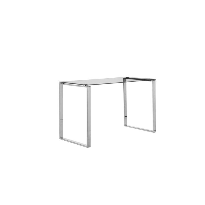 Elen 47 Inch Desk, Rectangular Tempered Glass Top, High Polished Steel - Benzara