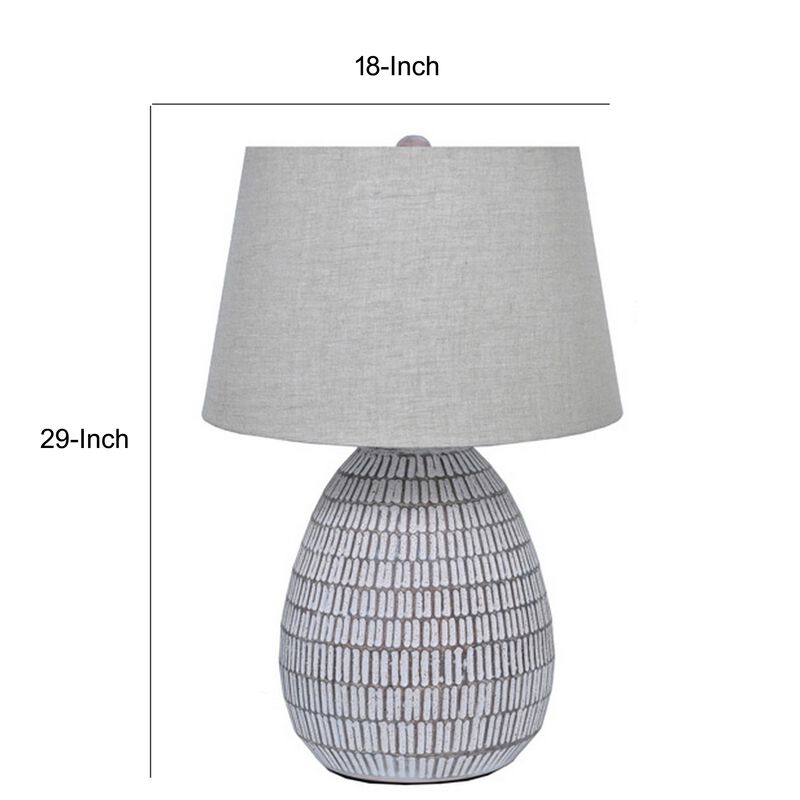 Gyen 29 Inch Table Lamp, Antique White Pattern Pot Base, Gray Empire Shade - Benzara