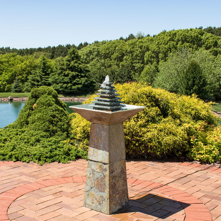 Sunnydaze Layered Slate Pyramid Water Fountain with LED Lights - 40 in
