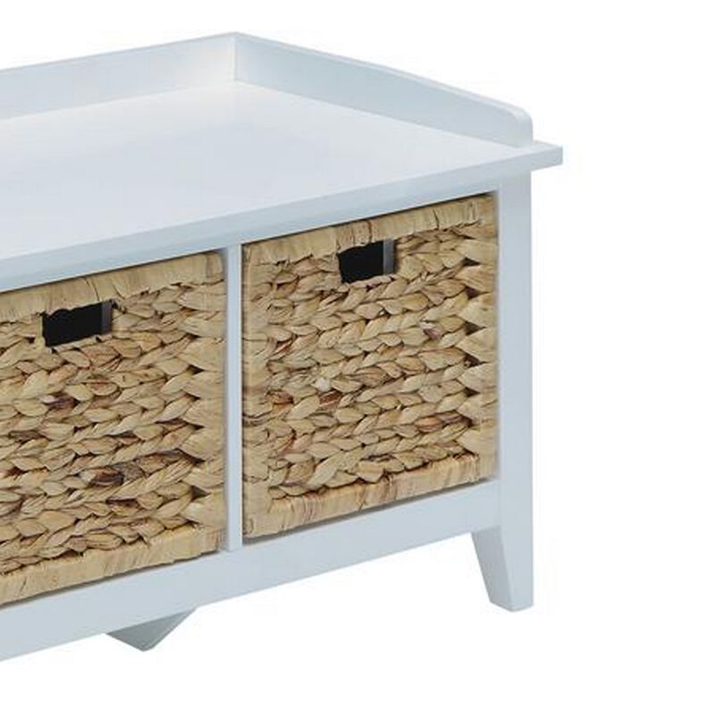 Rectangular Wooden Bench with Storage Basket, White-Benzara
