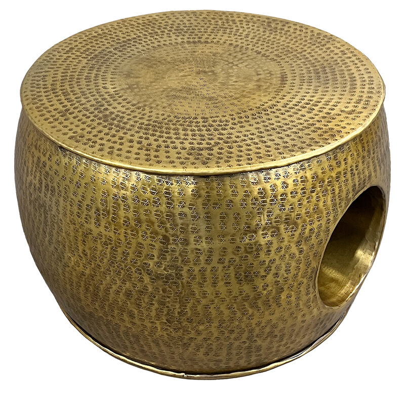 Nala 23 Inch Coffee Table, Low Round Drum Shape with Unique Hollow Center, Antique Brass Aluminum - Benzara