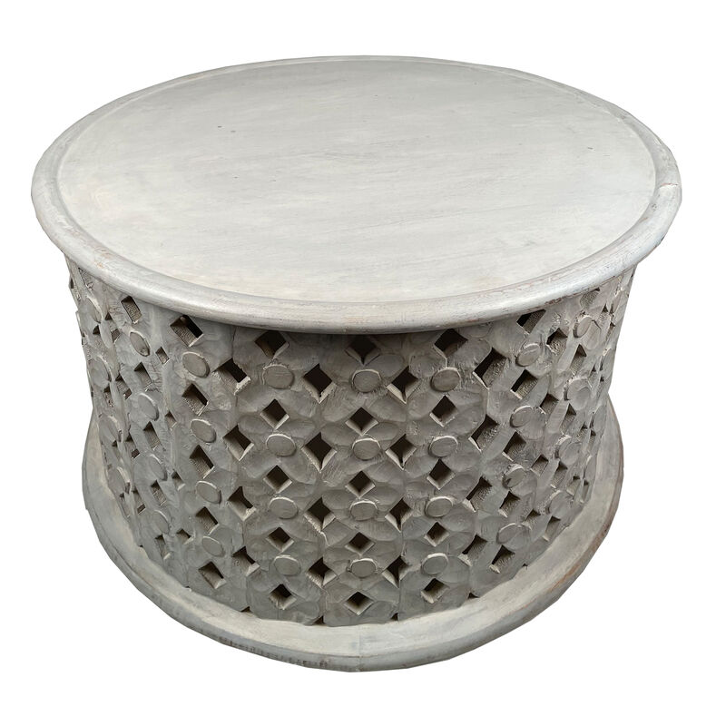 28 Inch Artisanal Round Mango Wood Coffee Table, Intricate Diamond Lattice Cut Out Frame, Washed White-Benzara