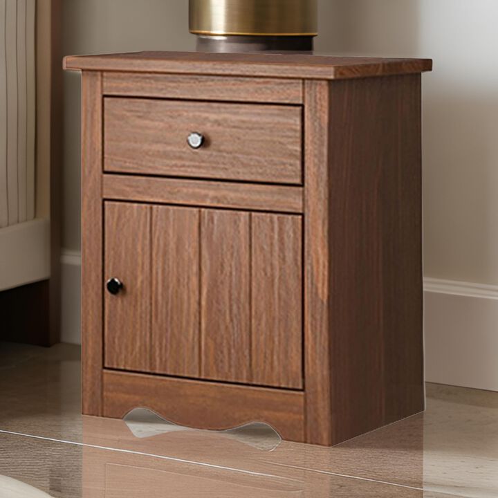 Stav Nightstand, 1 Drawer and Door, 25 Inch, Plank Style, Brown Solid Wood