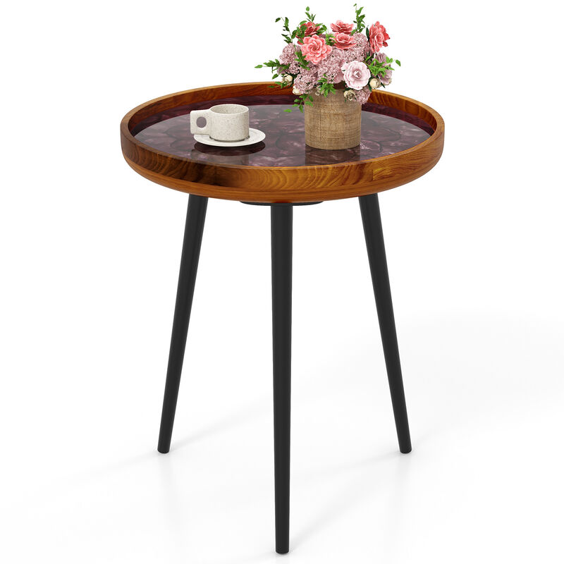 Round End Table with Sea Shell Decoration and Epoxy Resin Finish for Coastal or Beach-Themed Decor