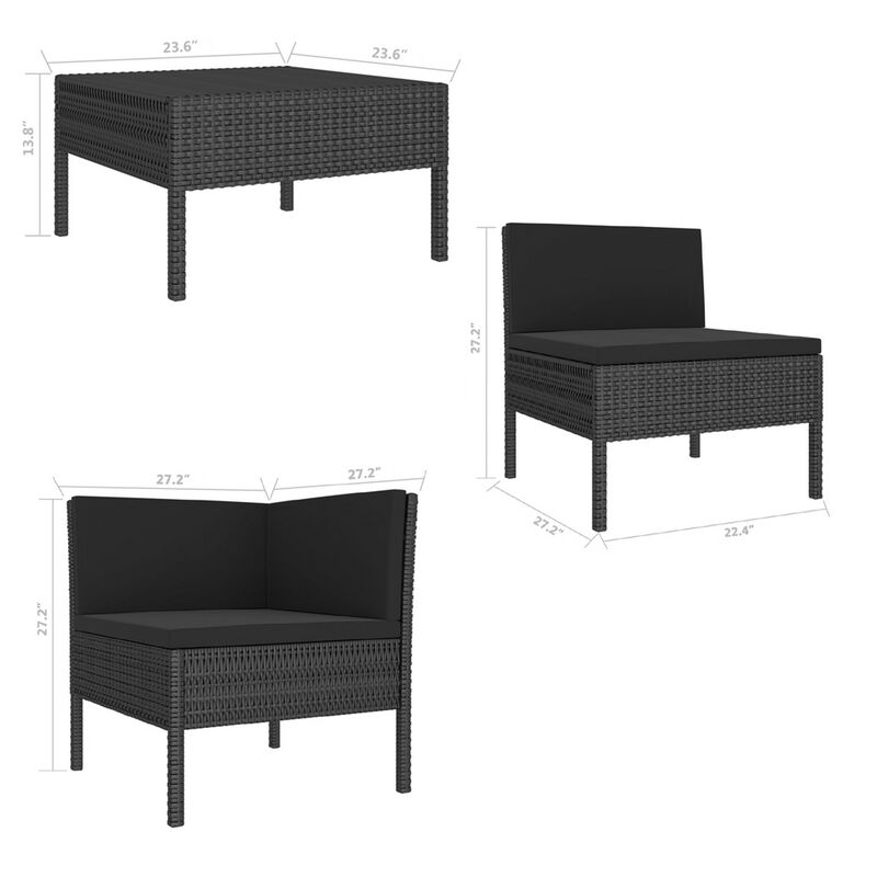 3pc Outdoor Lounge Set, Coffee Table and Loveseat Black Poly Rattan - Benzara