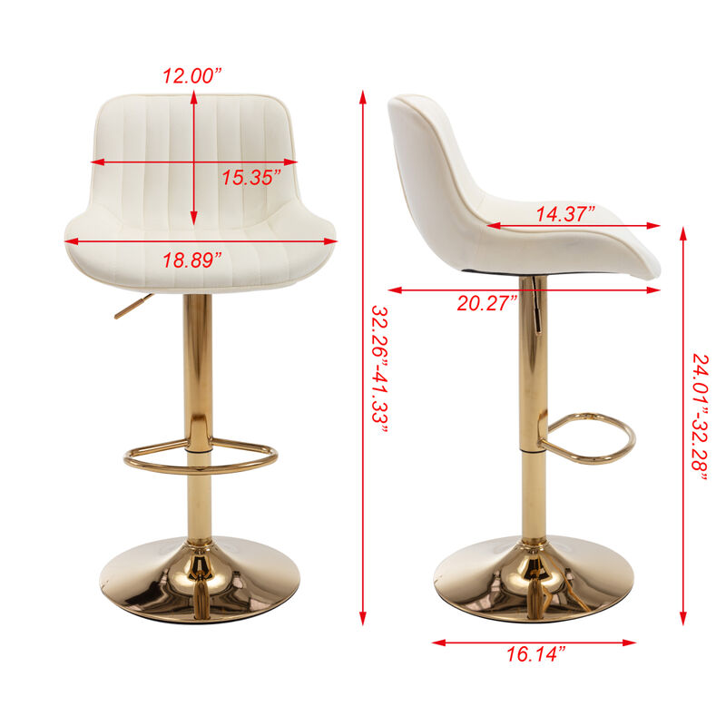 Chrome Footrest and Base Swivel Height Adjustable Mechanical Lifting Velvet + Golden Leg Simple Bar Stool, Set of 2, Ivory