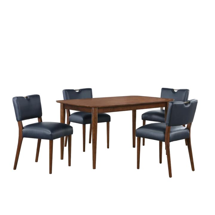 Comfort Pointe Bonito Midnight Blue Faux Leather 5PC Dining Set in Walnut Finish
