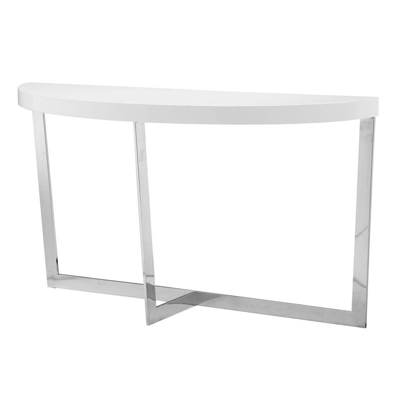 Tini 55 Inch Console Table, Oval Top, Chrome Frame, Sleek White Finish - Benzara