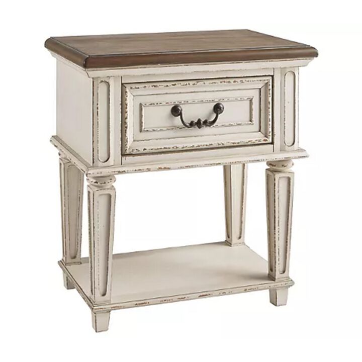 1 Drawer Wooden Frame Nightstand with Tapered Legs, Brown and Antique White-Benzara