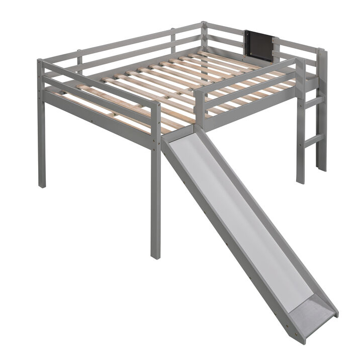 Full Size Loft Bed Wood Bed with Slide, Stair and Chalkboard