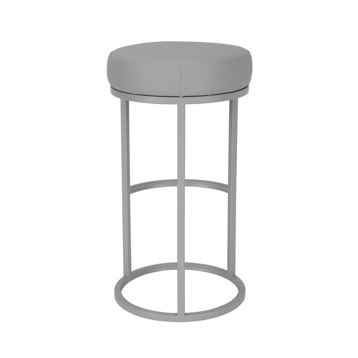 Tane 30 Inch Barstool, Round Gray Faux Leather Padded Seat, Gray Metal Base - Benzara
