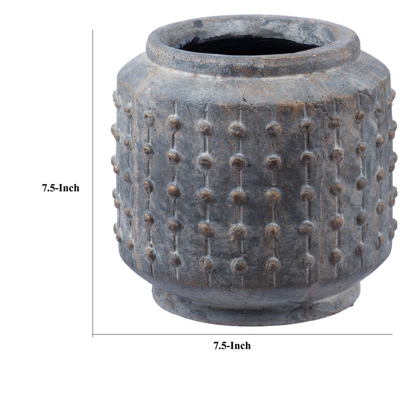 8 Inch Ceramic Planter, Round Curved Bubbled Texture, Weathered Gray Finish-Benzara