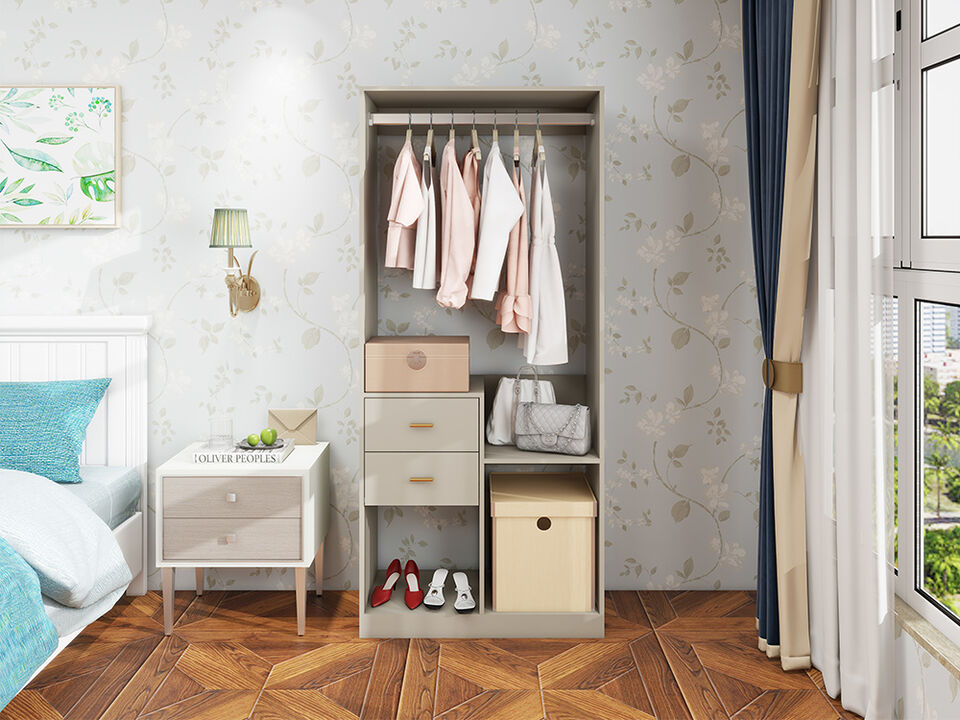 Closet Organizer System, Closet System with Drawers, Clothes Organizer with Closet Shelves Wall Mounted, Grey Wardrobe Closet with Clothing Racks for Hanging Clothes(32"W x 16"D x 71"H)