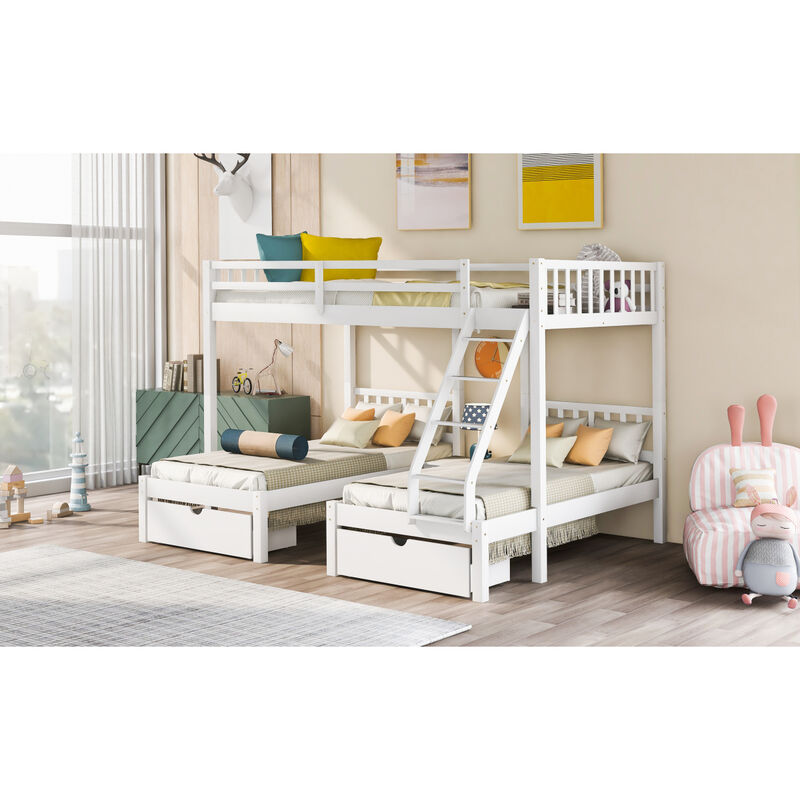 Full Over Twin & Twin Bunk Bed, Wood Triple Bunk Bed With Drawers And Guardrails
