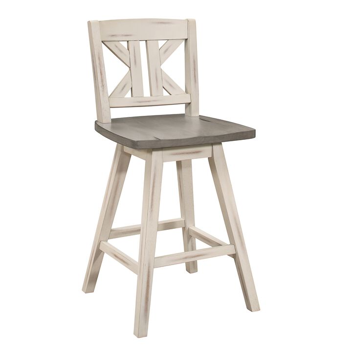 Ati 29 Inch Bar Height Stool Swivel Chairs Set of 2, Divided X Back, Gray, White - Benzara
