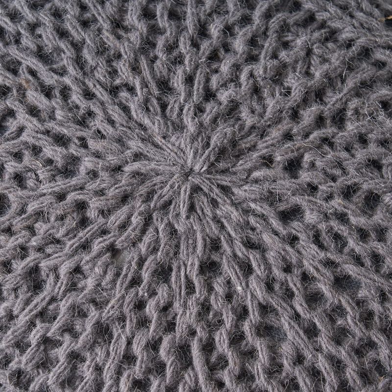 Ottoman Pouf, 20 Inch Round Shape, Knitted Boho Design, Gray Wool - Benzara