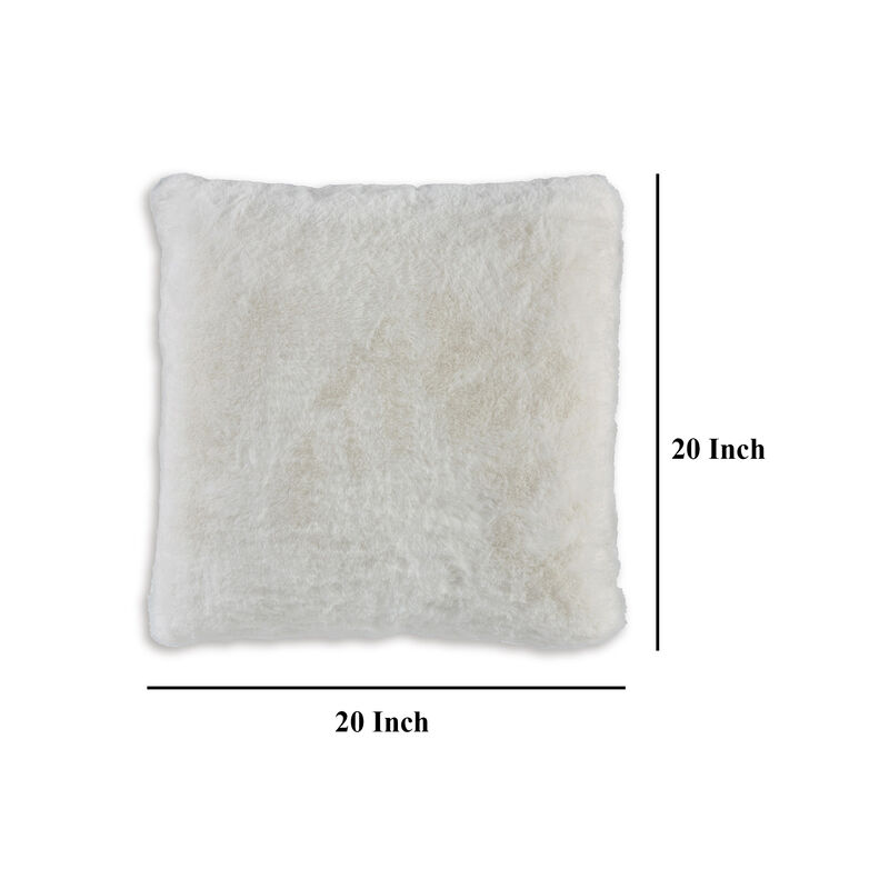 Dift Square Accent Throw Pillow, 20 Inch, White Faux Rabbit Fur Face - Benzara