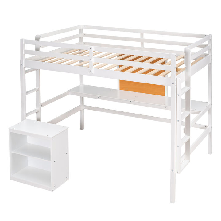 Twin Size Loft Bed With Desk And Writing Board, Wooden Loft Bed With Desk & 2 Drawers Cabinet