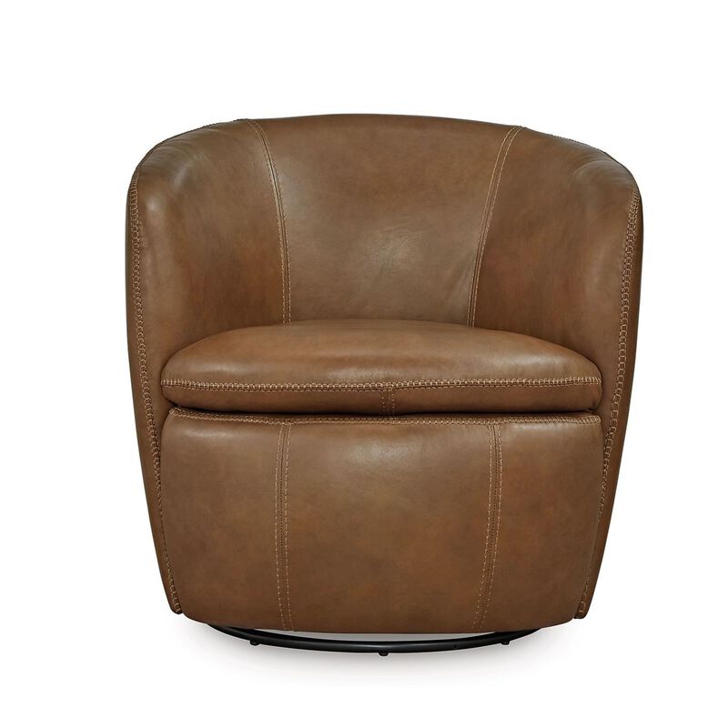 Niko Swivel Accent Chair, Round Barrel Design, Brown Top Grain Leather -
