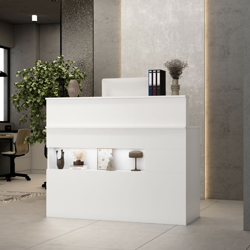 47.2" W : Wooden Computer Desk White Finish with 2-Drawer, Keyboard Tray and Eco-Friendly Paint Finish