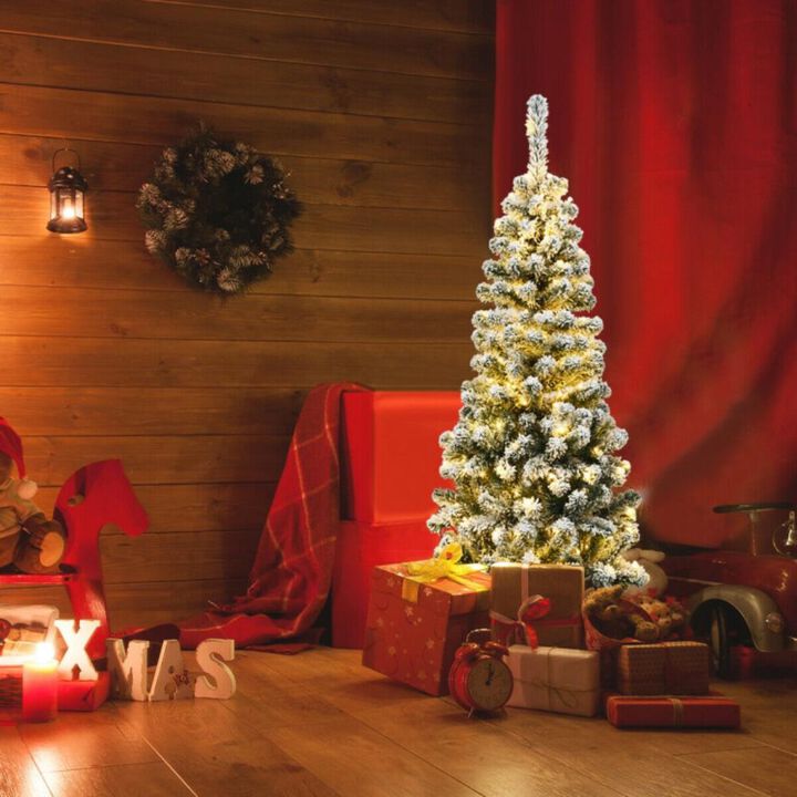 Hivvago 4.5 Feet Pre-Lit Snow Flocked Pencil Christmas Tree with 150 LED Light
