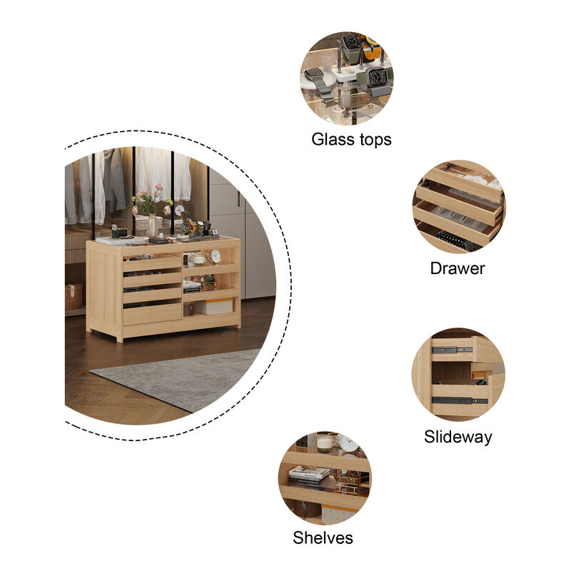 FUFU&GAGA Jewelry Display Island with Tempered Glass Top, Oak Finish (55.1" W x 27.6" D x 35.4" H),Brown