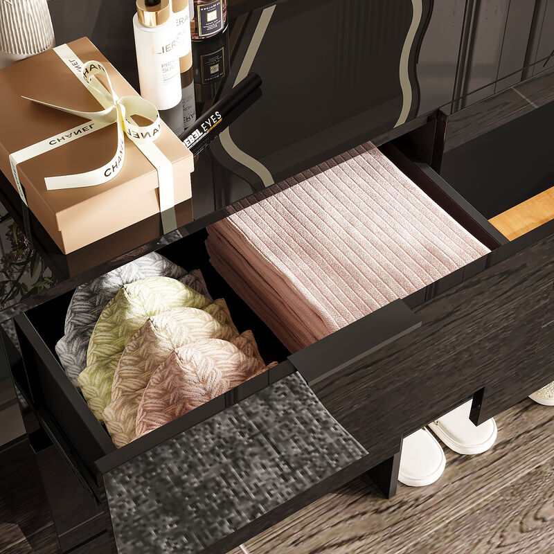 FUFU&GAGA Modern 9-Drawer Dresser with Marble-Texture Accent, High Gloss Black Finish, Spacious Storage Organizer for Bedroom & Living Room, (59" W x 30" H x 15.7" D),Black