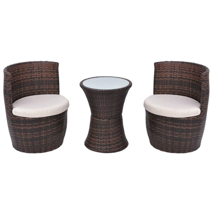 vidaXL 3 Piece Bistro Set with Cushions Poly Rattan Brown