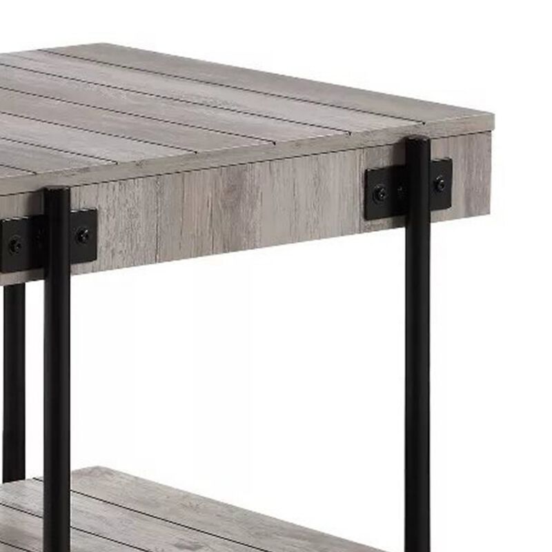 Loak 24 Inch Side End Table, Plank Design, Caster Wheels, Brown, Black - Benzara