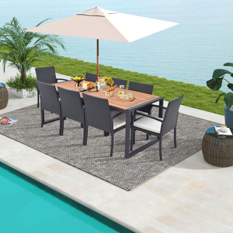 Hivvago 9 Pieces  Patio Rattan Dining Set with Acacia Wood Table for Backyard  Garden-L-shaped Handrail