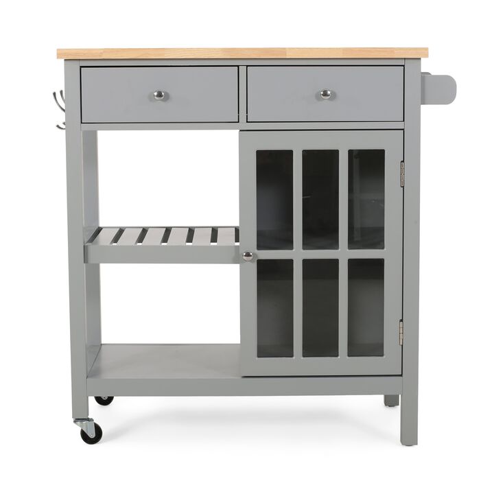 Rolling Kitchen Island Bar Cart, 1 Glass Door, Gray n Natural Brown - Benzara