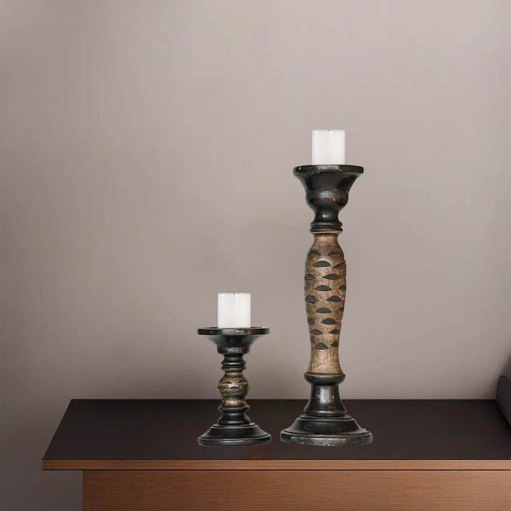 Traditional Dark Polish Eco-friendly Handmade Mango Wood Set Of Two 6" & 15" Pillar Candle Holder BBH Homes