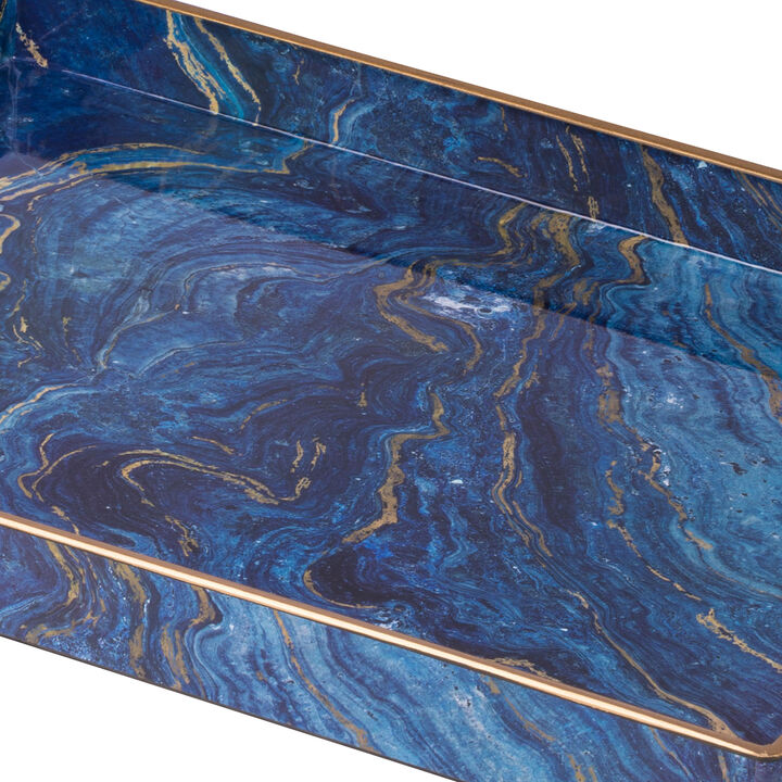 19, 18 Inch Set of 2 Modern Decorative Trays, Blue Pattern with Gold Rim-Benzara