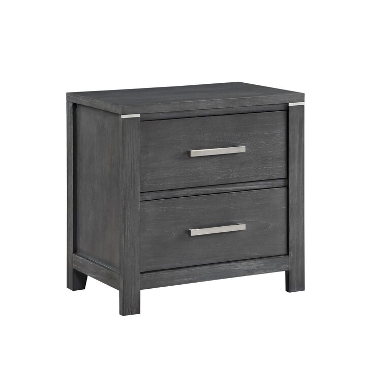 Benjara Tal 27 Inch Nightstand, 2 Drawers Handles, Charcoal Finish, Gray, Chrome