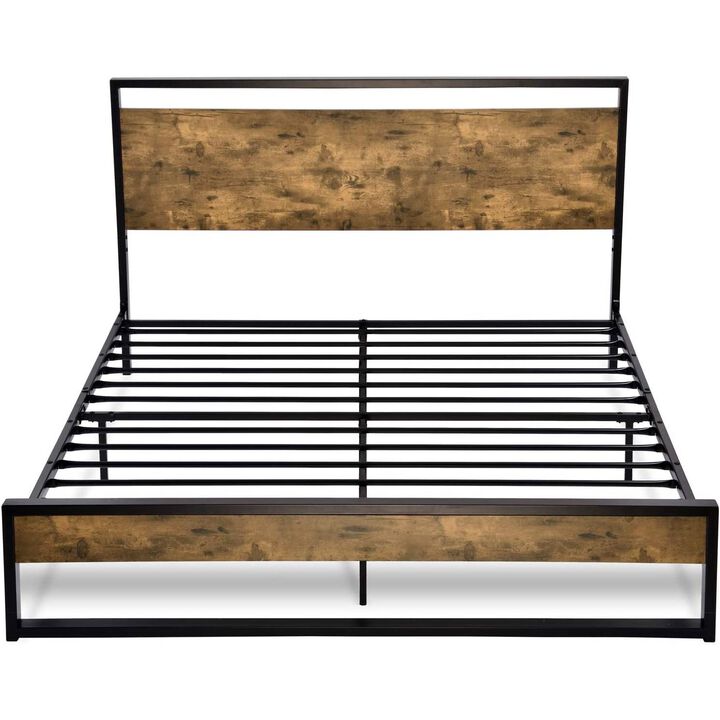 Hivvago Queen size Metal Wood Platform Bed Frame with Industrial Headboard