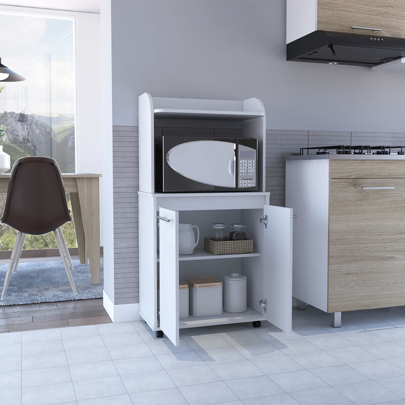 Kira Kitchen Kart, Double Door Cabinet, One Open Shelf, Two Interior Shelves - White